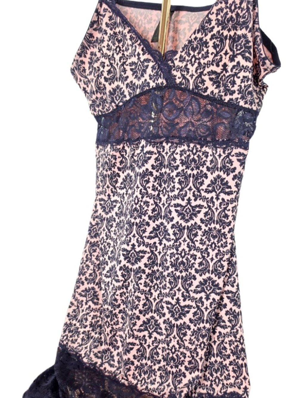 Marilyn Monroe Intimates Pink Black Damask Lace Chemise Slip Nightgown